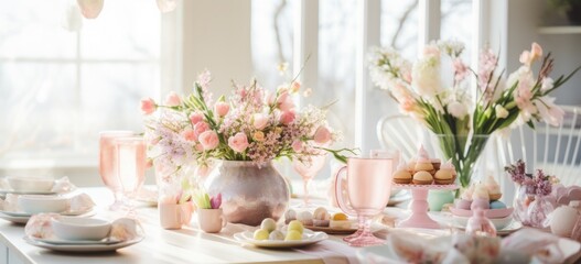 Elegant Easter brunch table setting with pastel-colored decorations and floral arrangements Banner.