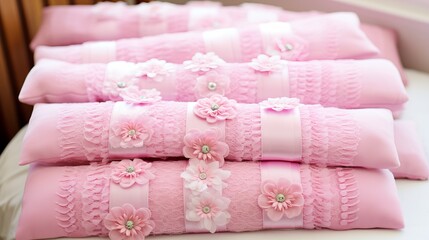 Fototapeta na wymiar Pink lace cushions decorated with flowers and ribbons for a charming and elegant touch
