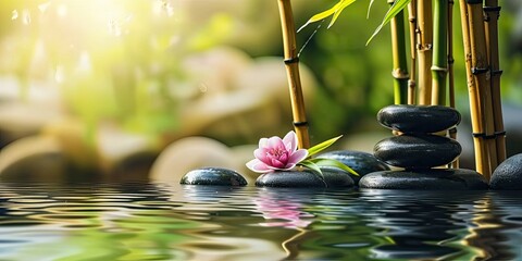 Zen stones, bamboo, flower and water in a peaceful zen garden, relaxation time, wellness, calmness and harmony, massage, spa and bodycare concept - obrazy, fototapety, plakaty