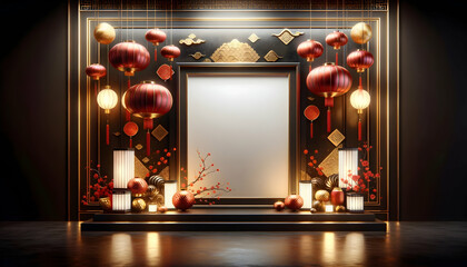 Chinese new year background with a modern blank frame and lanterns.