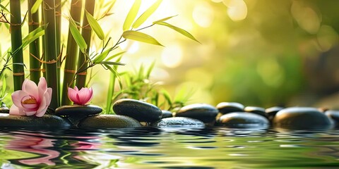 Zen stones, bamboo, flower and water in a peaceful zen garden, relaxation time, wellness, calmness and harmony, massage, spa and bodycare concept
