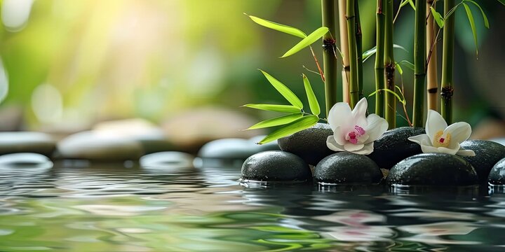 Zen stones, bamboo, flower and water in a peaceful zen garden, relaxation time, wellness, calmness and harmony, massage, spa and bodycare concept