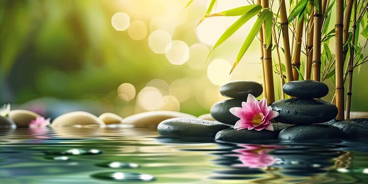 Zen stones, bamboo, flower and water in a peaceful zen garden, relaxation time, wellness, calmness and harmony, massage, spa and bodycare concept