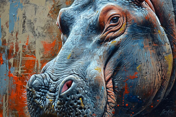 wall painting depicting a hippo - obrazy, fototapety, plakaty