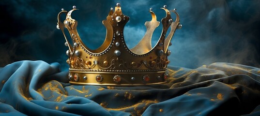 Ornate gold crown with pearls on blue satin fabric, against gold dusted blue background - obrazy, fototapety, plakaty
