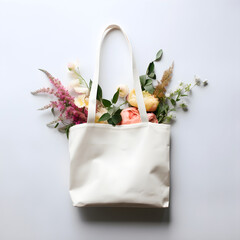 White Shopping Bag Mockup, bag mockup decorated decoratively with flowers,3d render
