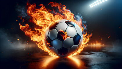 Fototapeta premium A dynamic image of a soccer ball engulfed in flames symbolizes intensity and power. The soccer ball, with its classic black and white pattern, Generative AI