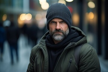 Portrait of a bearded middle-aged man in a winter jacket and hat in the city