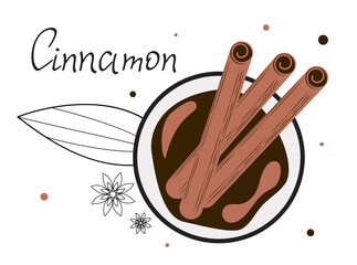 Cinnamon spice vector illustration. Aromatic condiment for food and drink. Design element for menu, cooking, label, advertising, scrapbooking.