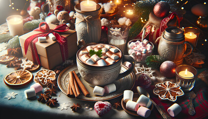 A festive Christmas feast scene featuring a table set with hot chocolate and marshmallows, inspired by the style of Monika Grabkowska's photography, Generative AI - obrazy, fototapety, plakaty