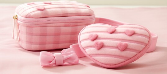 Adorable pink striped cosmetic bags with cute bows, perfect for travel or as charming accessories for any beauty routine.
