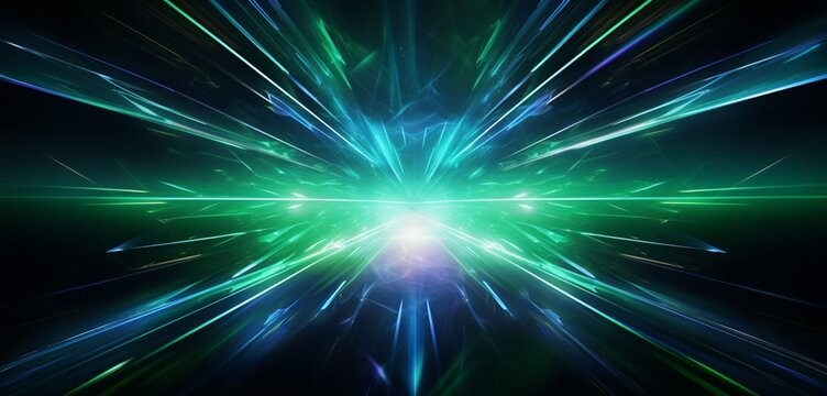 Radiant streaks of sapphire and emerald neon intersecting on a cosmic canvas, forming a hypnotic display over an abstract 3D-rendered minimal backdrop