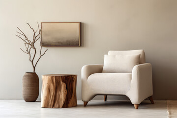 Capturing the essence of modern living with a rustic twist: a cozy fabric lounge chair and natural wood stump table against a textured beige wall.