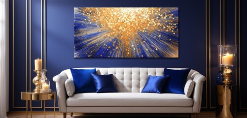 Revel in radiant luxury in a golden symphony against a backdrop of royal blue and platinum, featuring an abstract composition with intricate golden lines, luminous light rays, and enchanting bokeh.