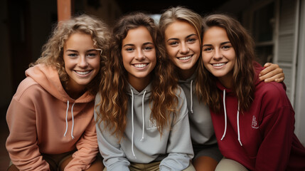 Obraz premium Group of high school girls friends in sweat shirts.