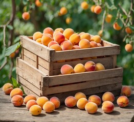 Ripe apricots in a wooden box on a table in the garden