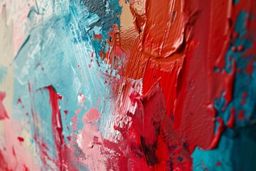 : A close-up exploration of a canvas alive with energetic reds and tranquil blues, where...