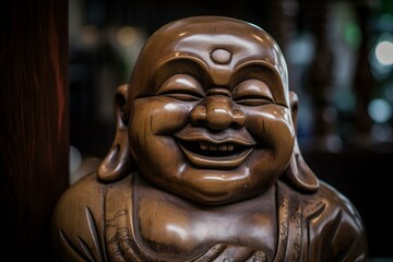 Head Smiling Buddha. Generative AI - obrazy, fototapety, plakaty