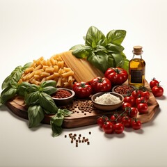 Composition Pasta Ingredients Cooking On White Background, Illustrations Images