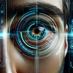 A high-tech scene depicting retinal biometrics technology. In the center, there's a close-up of a man's eye, Generative AI