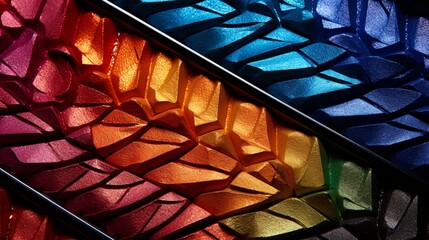 A vibrant palette of eyeshadows reflecting cosmic hues in a sleek, modern palette - obrazy, fototapety, plakaty
