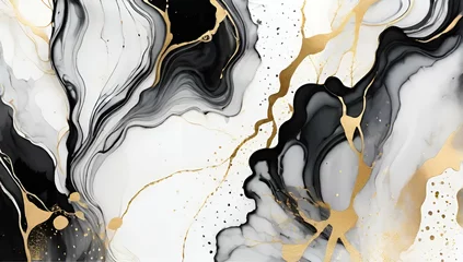 Fotobehang elegant black and white alcohol ink background with golden splashes © Olga