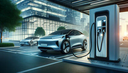 A modern scene depicting an electric car being charged at a charging station, The car should be sleek and futuristic, Generative AI - obrazy, fototapety, plakaty