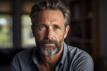Male headshot portrait of a calm handsome middle-aged Caucasian man in the living room at home and looking at camera