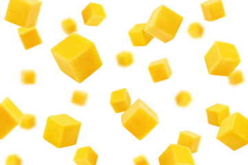 Falling Mango cube isolated on white background, selective focus