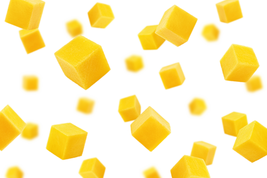 Falling Mango cube isolated on white background, selective focus
