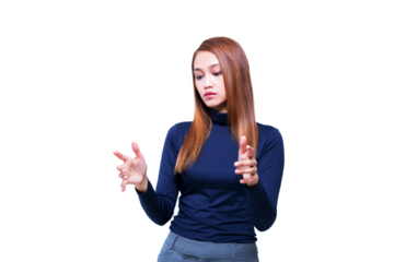 両手をかざす女性　手作業で精密に切り抜いた背景透過写真PNG