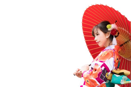 和傘を持った着物の女性　クリッピングパスで精密に切り抜いた背景透過写真PNG