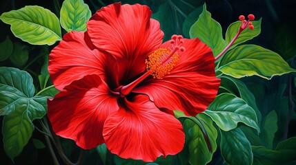 A vibrant red hibiscus flower adding a touch of tropical beauty to a green background.