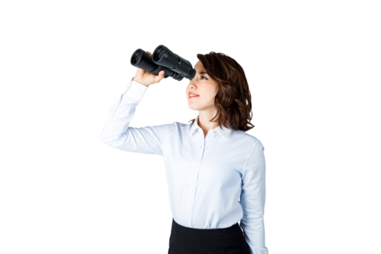 双眼鏡を使う女性　クリッピングパスで精密に切り抜いた背景透過写真PNG