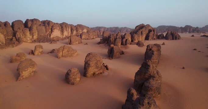 Sandstones at Tassili n'Ajjer Plateau, UNESCO World Heritage Site In Djanet, Algeria. - aerial shot