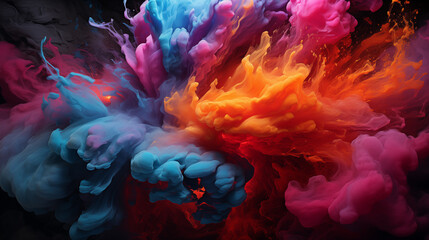 Vibrant ink plumes in water, showcasing a dance of orange, purple, and blue hues against a black...