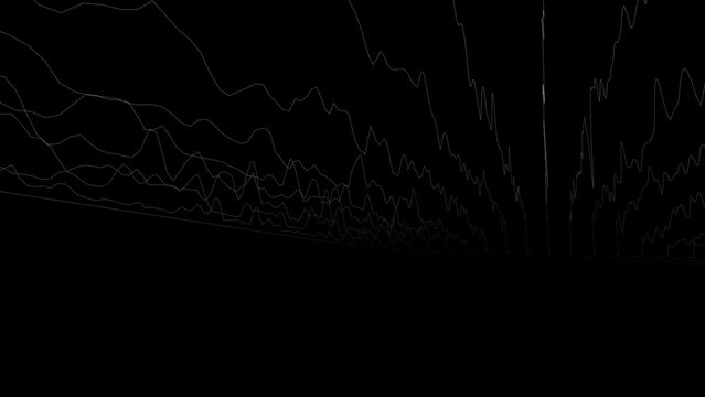 White lines forming distorted surface on black background. Ideal for techno music and videomapping. Technology background. line frequency sound wave background.