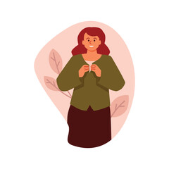 Young woman wearing green shirt, vector person dressing or changing apparel, getting ready, putting on clothes, dress up