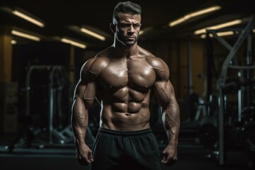 Fototapeta na wymiar Muscular bodybuilder in a gym. Generative AI