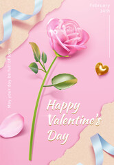 3D Valentine pink glass rose poster