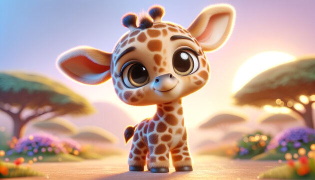 A wide image featuring a 3D rendering of a baby giraffe character, designed with a fun and whimsical style. The baby giraffe should be charming, Generative AI