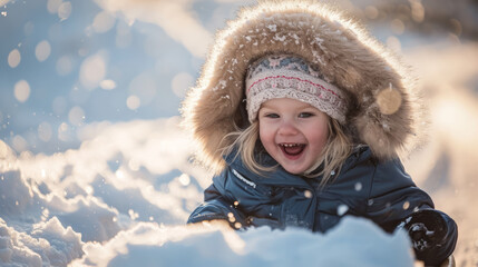 Blonde toddler child girl wearing a coat laughing and having fun on a snow sled, skid, sledge, toboggan and sliding down hill of snow - obrazy, fototapety, plakaty