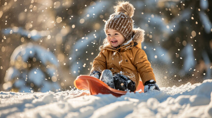 Blonde toddler child girl wearing a coat laughing and having fun on a snow sled, skid, sledge, toboggan and sliding down hill of snow - obrazy, fototapety, plakaty