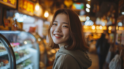 Obraz premium Half-body shot of a korean girl, in her 20s , smiling sweetly, facing the camera with the background of market salad stall and wearing a comfortable hoodie clothes