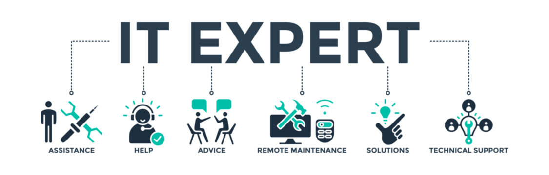 IT Expert banner web icon concept with the icon of assistance, help, advice, remote maintenance, solutions, and technical support. Vector illustration
