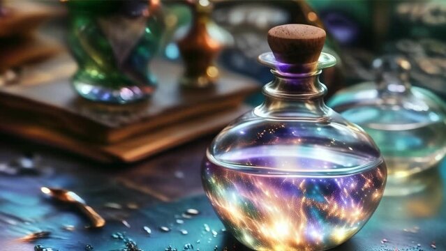 A curiously shaped potion bottle filled with glowing liquid, shining amidst a mystical ambiance.
