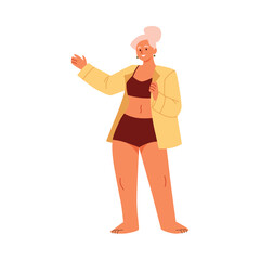 Happy woman in underwear and yellow shirt gesture with hand