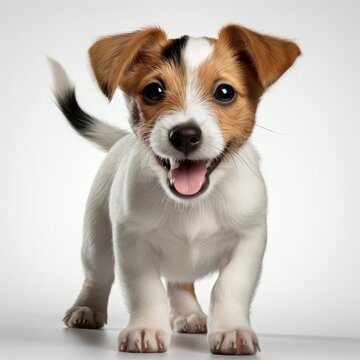 Jack Russell Terrier Puppy Playing Toy On White Background, Illustrations Images