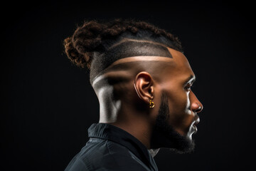 A close-up shot featuring a young man with a rugged and stylish undercut, showcasing a balance of edgy and refined aesthetics. Male, 28 years old, African American ethnicity