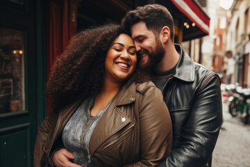 A happy couple, where a plus-size woman embraces her body positivity while sharing a moment with...
